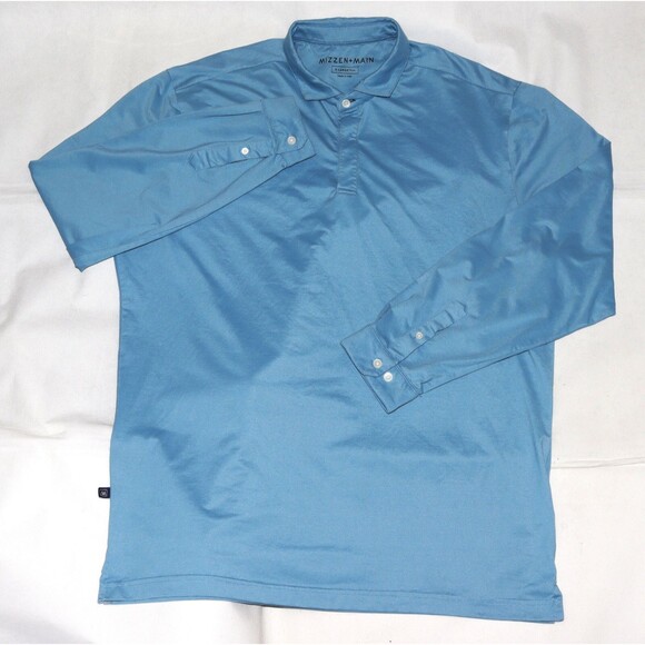 Mizzen + Main Trim Men's Long‎ Sleeve Preppy Golf Polo Blue Shirt Size XL